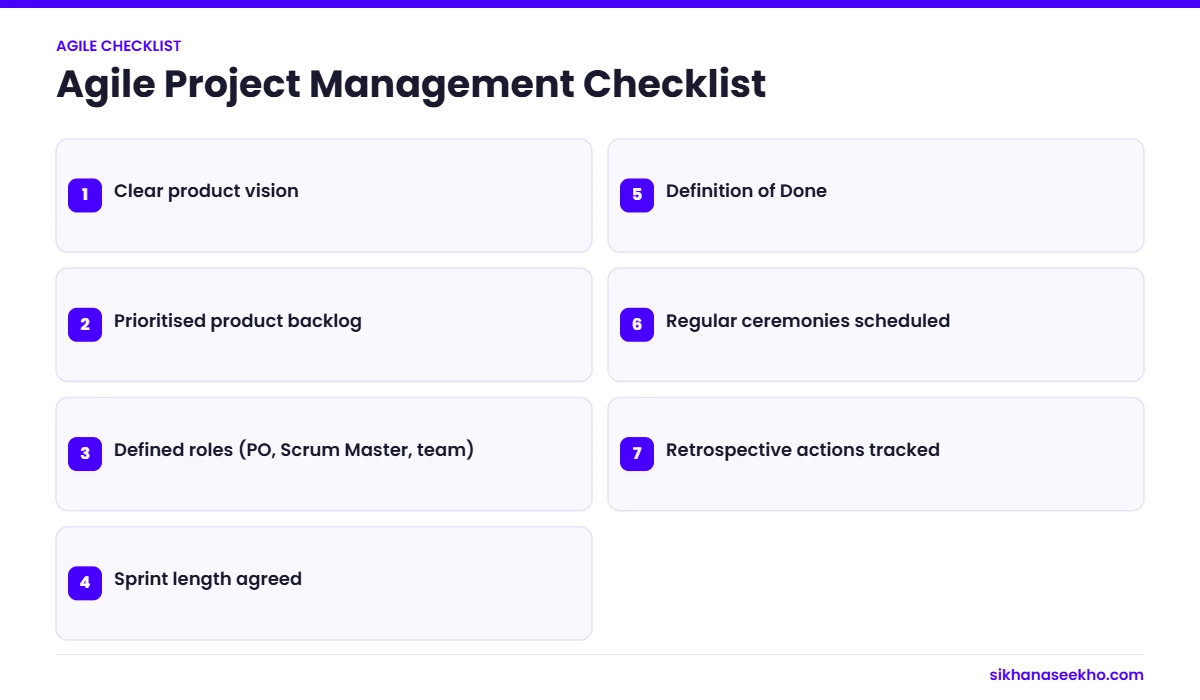 Seven-point agile project management checklist from product vision to retrospective actions