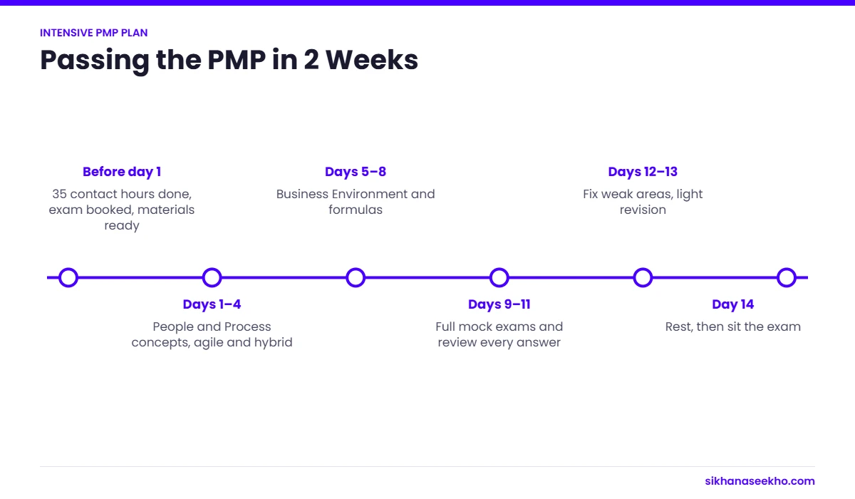 Timeline of a 14-day intensive PMP study plan from preparation to exam day