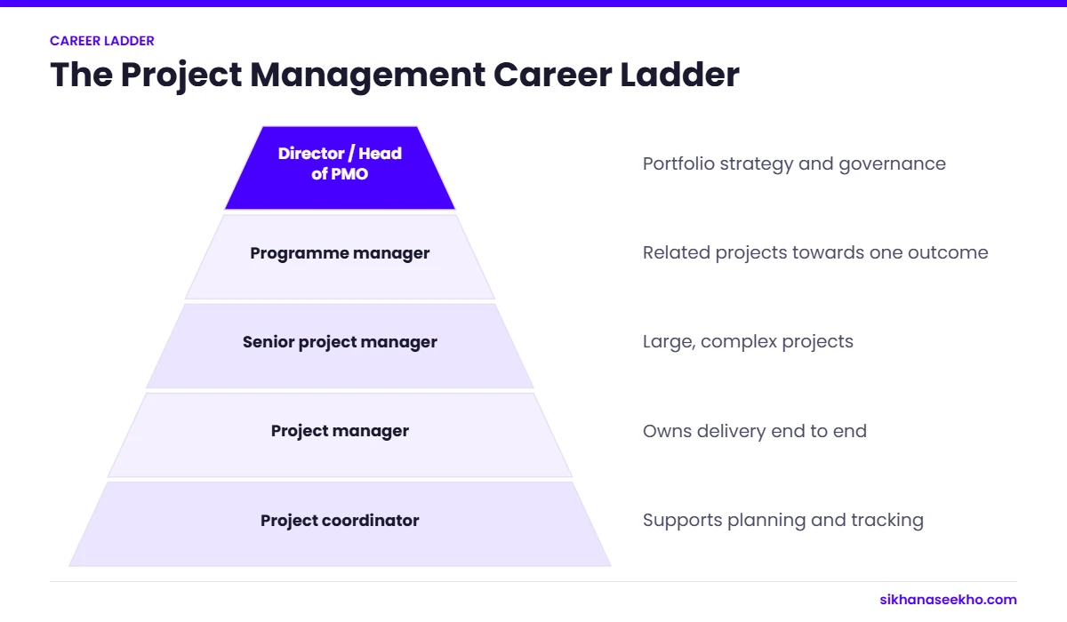 Project management career ladder from project coordinator to project manager, senior PM, programme manager and director