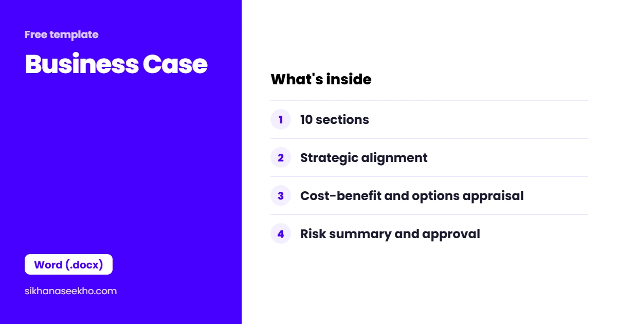 Business Case template preview: 10 sections, Strategic alignment, Cost-benefit and options appraisal, Risk summary and approval
