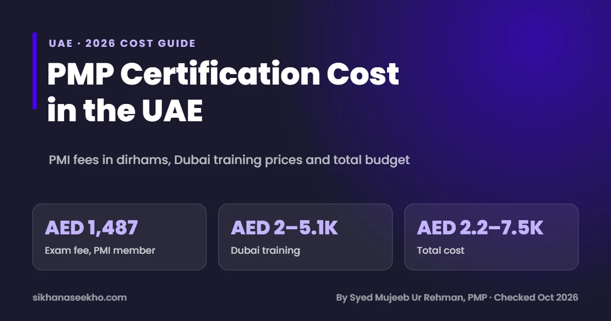 PMP certification cost in the UAE 2026: exam fee AED 1,487 for PMI members, Dubai training AED 2,000 to 5,138, total AED 2,150 to 7,500